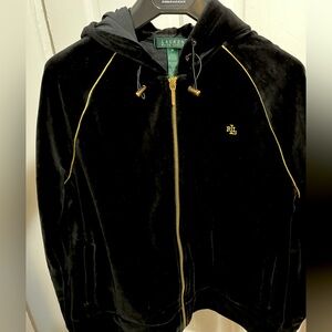 Lauren Ralph Women Velour Velvet
Full Zip Hoodie Jacket Black Gold Zipper